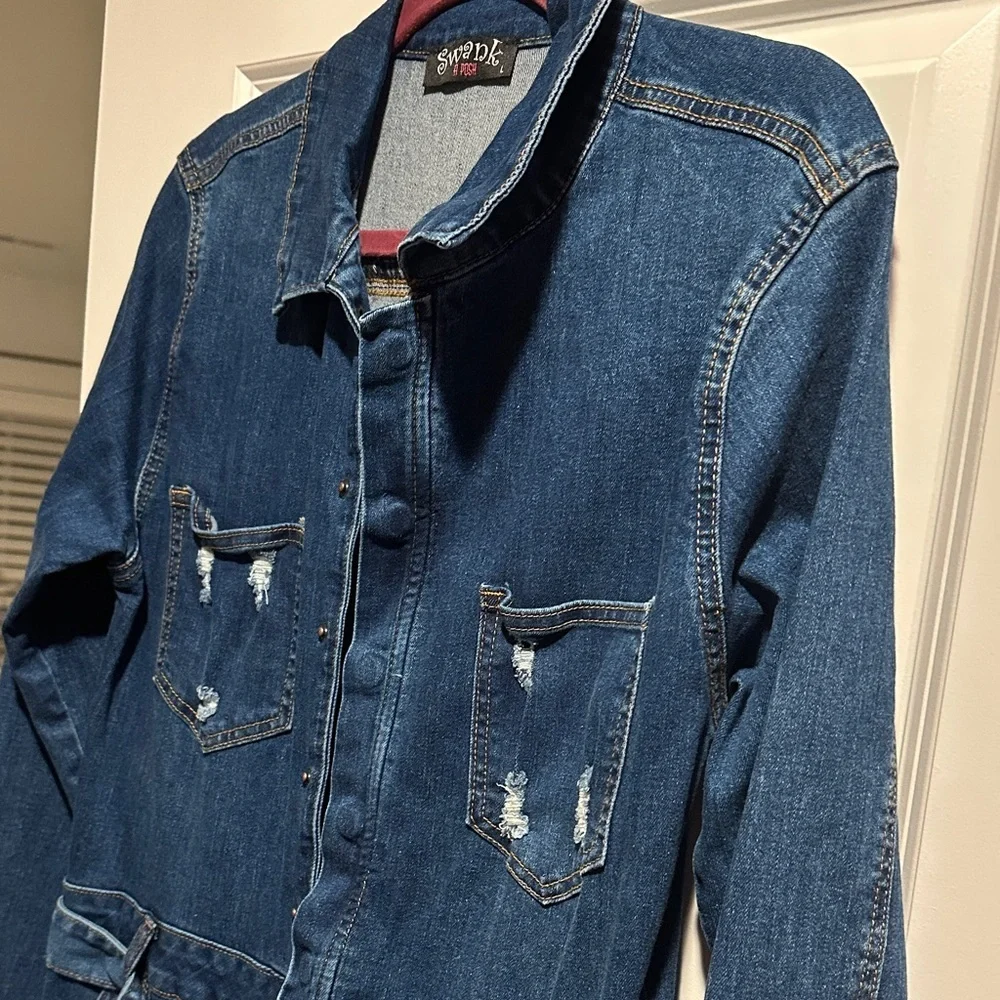 Stretchy Brand New Blue Denim Jumpsuit - Picture 4 of 6